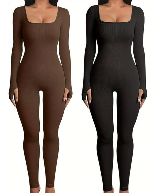 Women's Yoga Sports Fitness Jumpsuit Workout Long Sleeve Square Collar Clothing - MyFitnessProducts - Women's Yoga Sports Fitness Jumpsuit Workout Long Sleeve Square Collar Clothing